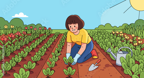 Woman Gardening in a Vegetable Field.
