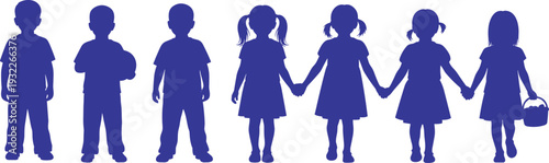 Group of happy children silhouettes holding hands and standing together, boys and girls playing, childhood friendship and community concept, isolated.