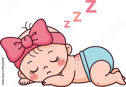 Cute cartoon baby girl sleeping peacefully, wearing pink bow headband and blue diaper, nursery illustration isolated on a white background.