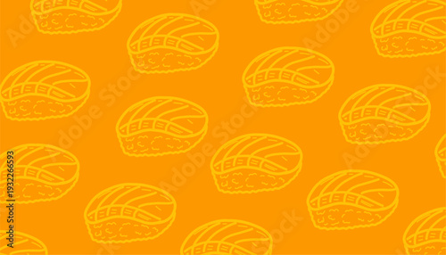 Japanese sushi maki pattern. Shrimp roll food illustration. Minimalist hand drawn line. Flat colorful asian cuisine. Repeating seafood textile design.
