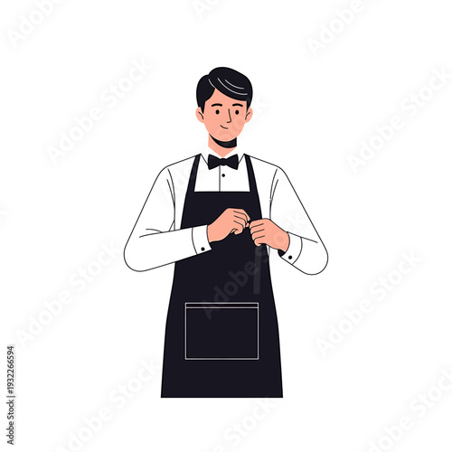 Professional male waiter in black apron and bow tie preparing for service. Vector Illustrations. EPS Editable