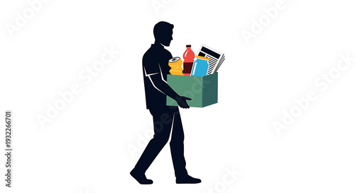 Silhouette of a man carrying a box full of groceries and household items. Vector Illustrations. EPS Editable