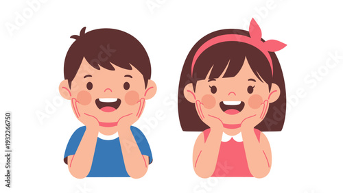 Smiling children with hands on faces.