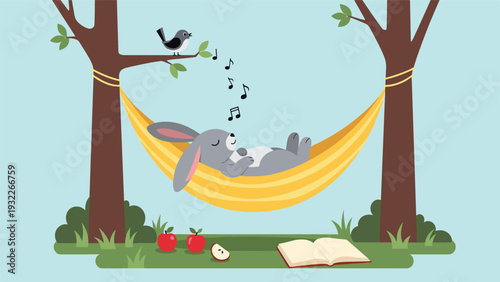 Charming scene of a cute gray rabbit sleeping soundly in a yellow hammock between two trees while a bird sings nearby.