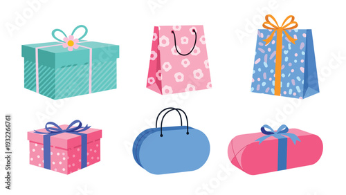 Selection of six colorful gift boxes and shopping bags decorated with ribbons and patterns for various celebrations.
