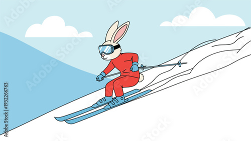 Sporty white rabbit wearing a red suit and goggles is skiing down a snowy mountain slope under a clear blue sky.