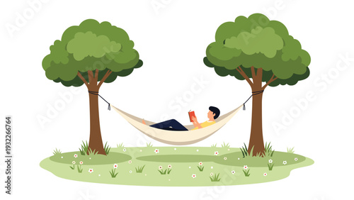 Man relaxing and reading a book while lying in a hammock tied between two large green trees in a flowery meadow.