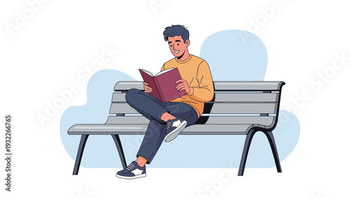 Young man sitting on a park bench and attentively reading a purple book against a soft blue clouds background.