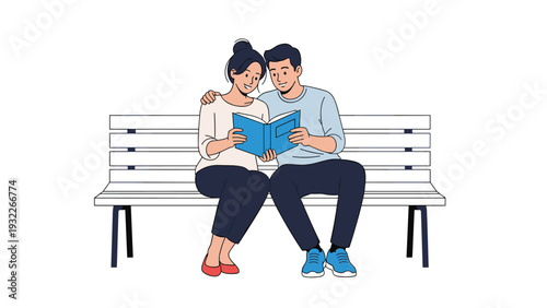 Happy young couple sitting together on a white wooden park bench while sharing and reading an interesting blue book.