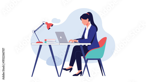 Professional woman sitting at a desk with a lamp and books while working diligently on her laptop against a soft backdrop.