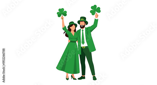 St Patricks Day Couple Celebrating with Shamrocks. Vector Illustrations. EPS Editable