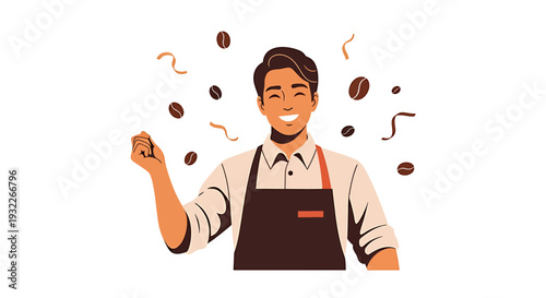 Smiling Barista with Coffee Beans and Swirls. Vector Illustrations. EPS Editable