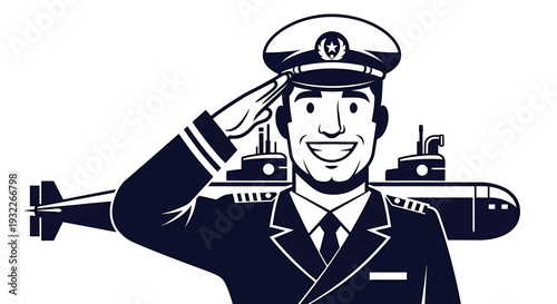 Smiling Submarine Captain Saluting with Submarines in Background. Vector Illustrations. EPS Editable