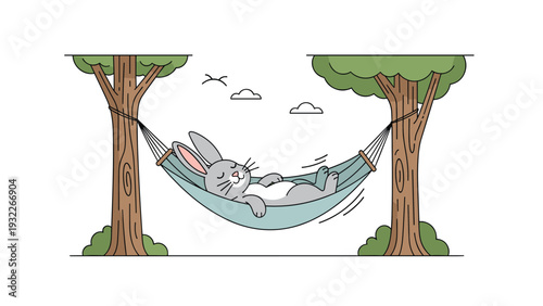 Content gray rabbit taking a peaceful nap in a blue hammock stretched between two sturdy trees under a clear sky with birds.
