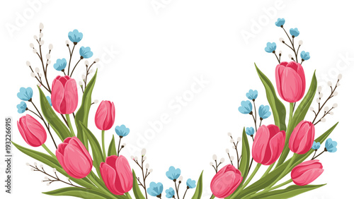 Beautiful floral border composed of vibrant pink tulips, delicate blue blossoms, and willow branches arranged in a graceful curve.