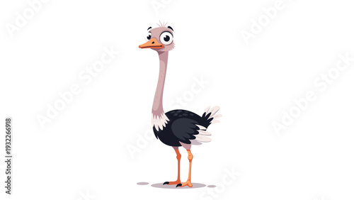 Charming cartoon ostrich with large curious eyes and a slender neck standing upright against a clean white background.