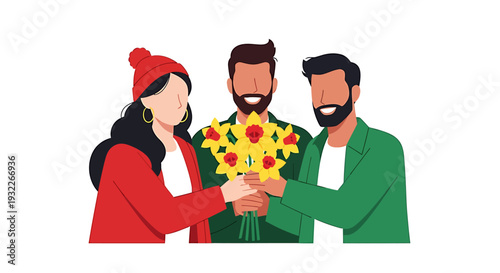 Three friends sharing a bouquet of sunflowers on a white background. Vector Illustrations. EPS Editable