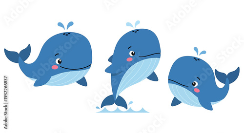 Three Cartoon Whales Swimming in Water. Vector Illustrations. EPS Editable