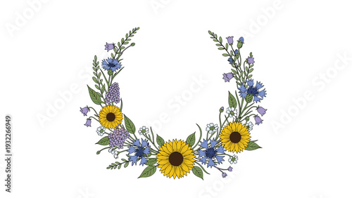 Vibrant floral wreath featuring bright yellow sunflowers, blue cornflowers, and purple blossoms in a graceful circular arrangement.