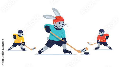 Three determined gray rabbits wearing colorful sports jerseys and helmets while playing an energetic game of ice hockey on a rink.