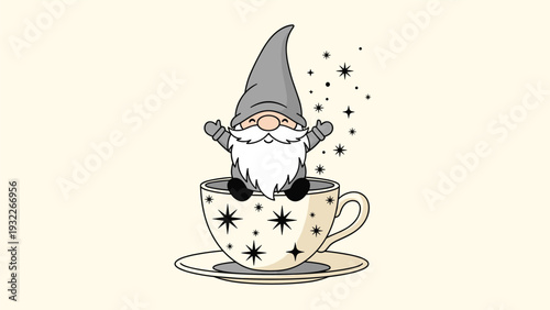 Whimsical little gnome with a long white beard and gray hat sitting happily inside a decorative teacup surrounded by magical stars.