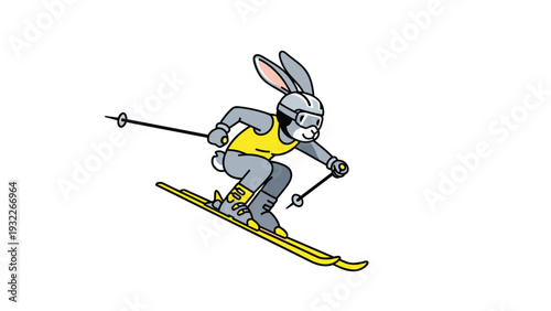 Active gray rabbit wearing a yellow vest and ski goggles while skillfully skiing down a snowy slope during the winter season.