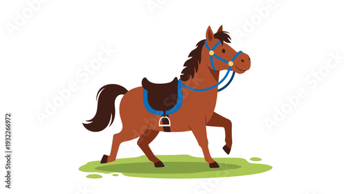 Brown horse wearing a blue harness and a dark brown saddle standing on a small patch of green grass against a white background.