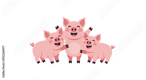 Three Happy Pink Pigs Dancing Together in Celebration. Vector Illustrations. EPS Editable