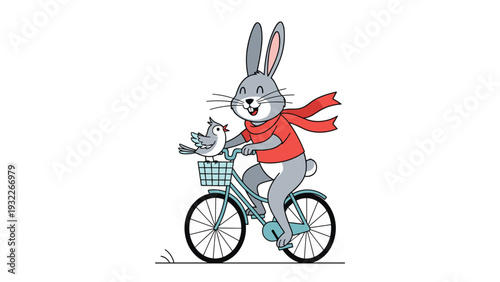 Joyful cartoon rabbit wearing a red scarf while riding a blue bicycle with a little bird sitting in the front wire basket.