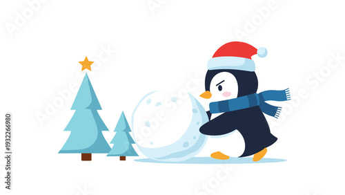 Adorable cartoon penguin wearing a Santa hat and blue scarf while rolling a large snowball past snowy blue pine trees in winter.
