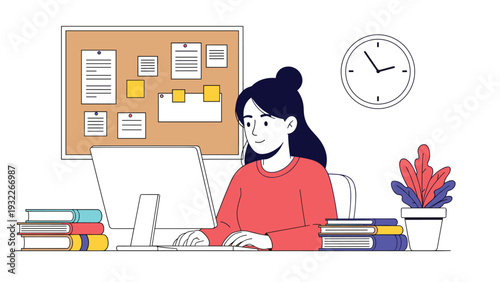 Dedicated woman working diligently at a computer desk surrounded by books, a cork bulletin board, and a small potted indoor plant.