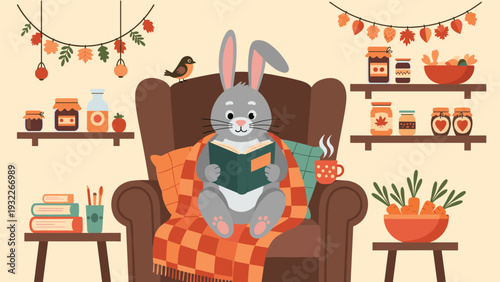 Sweet grey rabbit sitting in a cozy brown armchair while reading a book and wrapped in an orange plaid blanket in a pantry.