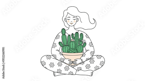 Beautiful line art illustration of a woman sitting in a meditative pose while holding a large potted collection of various cacti.