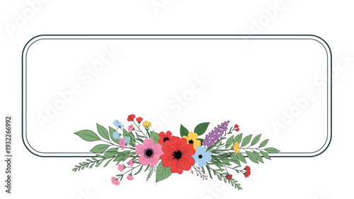 Elegant rectangular frame decorated with a vibrant bouquet of colorful wildflowers and green leaves at the bottom for personal messages.