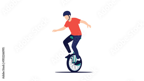 Energetic young man wearing a helmet and a red shirt skillfully balancing while riding a unicycle on a flat ground.
