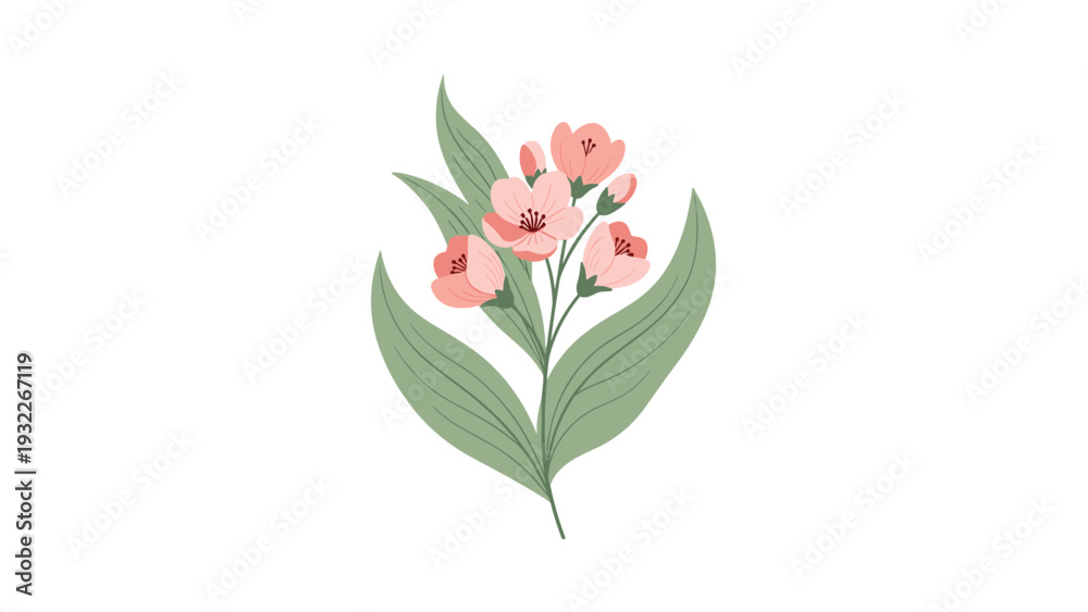 Obraz premium Simple and elegant illustration of a single branch with delicate pink blossoms and green leaves, representing the beauty of nature and the spring season.