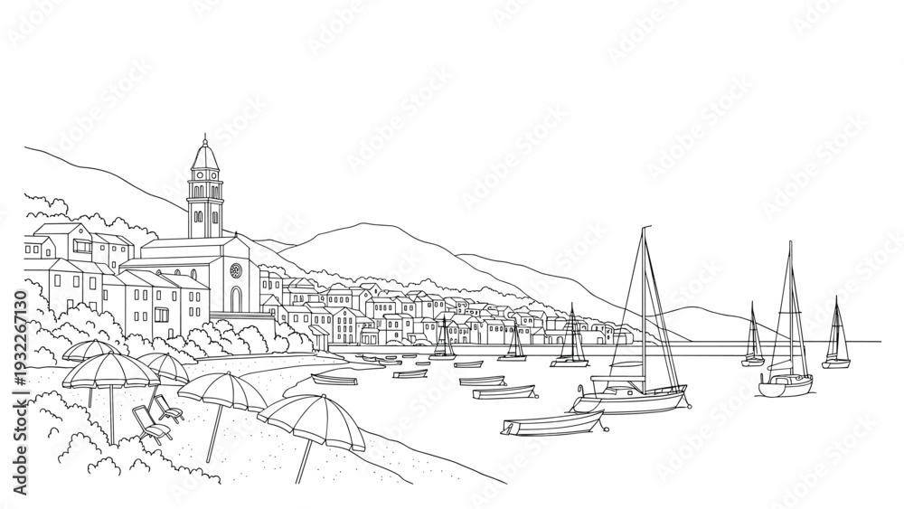 Fototapeta premium Scenic line art illustration of a Mediterranean coastal town with sailboats in the bay and beach umbrellas along the shore.