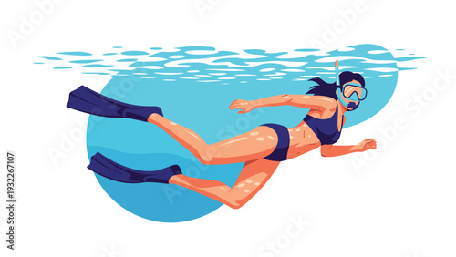 Young woman wearing a diving mask and fins swims underwater through clear blue ocean water in a flat vector illustration.
