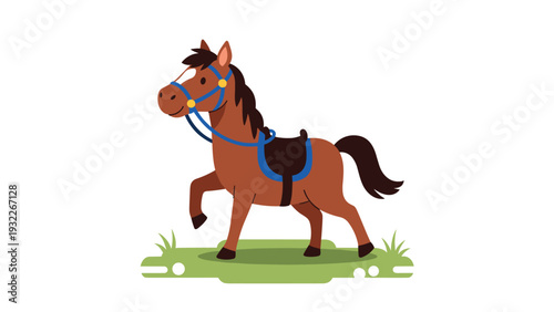 Cute brown horse with a saddle and bridle stands calmly on a green patch of grass against a plain white background.