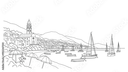 Scenic line art illustration of a Mediterranean coastal town with sailboats in the bay and beach umbrellas along the shore.
