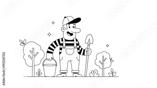 Happy cartoon gardener wearing overalls and a cap holding a shovel and a bucket while standing in a small green garden.