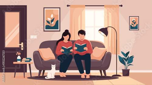 Cozy scene of a young couple sitting together on a comfortable sofa while reading books in their warm living room.