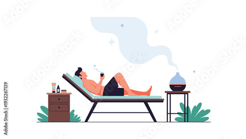 Young man relaxing on a lounge chair while enjoying the soothing mist from an essential oil diffuser in a peaceful room.