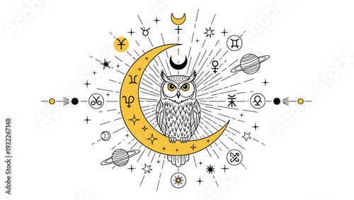 Intricate illustration of an owl perched on a crescent moon surrounded by mystical symbols and celestial bodies like planets.