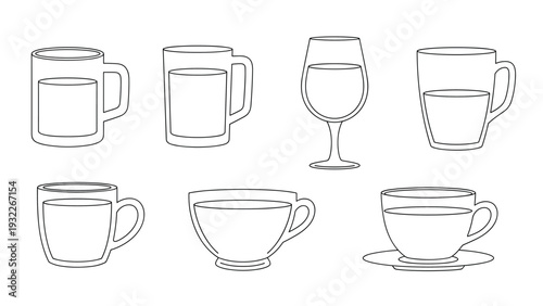 Collection of simple black line outlines showing various types of glasses and cups filled with liquid on a white background.
