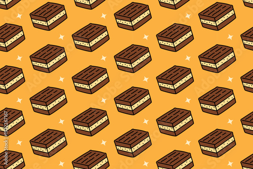 Chocolate layered cake with light colorful illustration seamless pattern on yellow background set for pastry merchandise. Cream filled chocolate cake cartoon pattern background for dessert and cafes