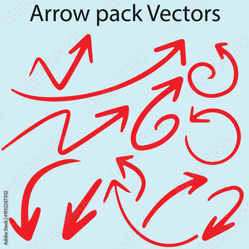 Collection of hand drawn red arrows pointing in various directions on light blue