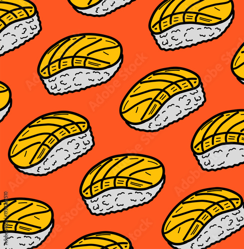 Japanese sushi maki pattern. Shrimp roll food illustration. Minimalist hand drawn line. Flat colorful asian cuisine. Repeating seafood textile design.