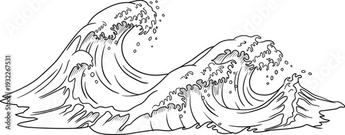 Ocean waves outline drawing vector illustration for nautical and marine designs