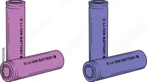Rechargeable lithium ion batteries in purple and blue colors isolated on white background